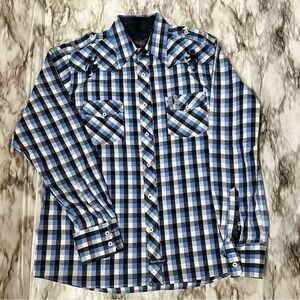 English Army People’s Army Blue Check Button Down Mens Shirt Sz L Hand Stitched